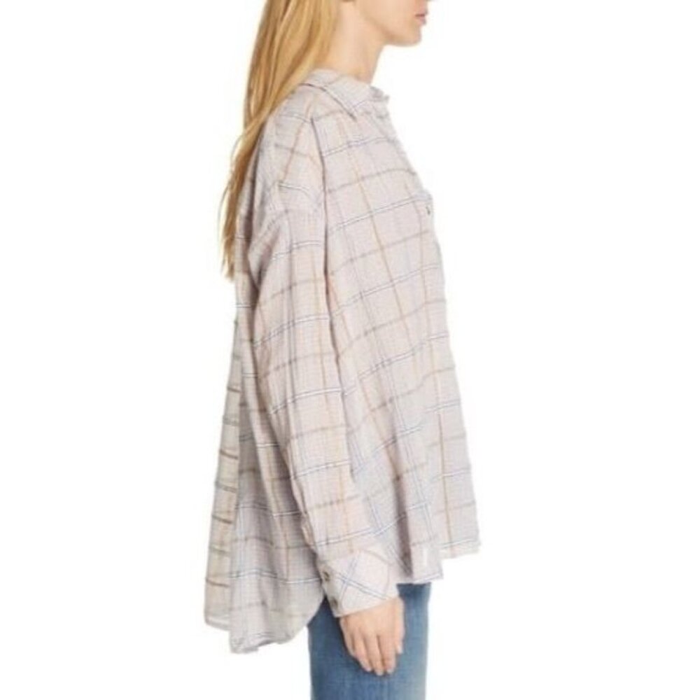 Free People Break My Stripe Pink Oversized Plaid Button Down Top - Picture 6 of 6